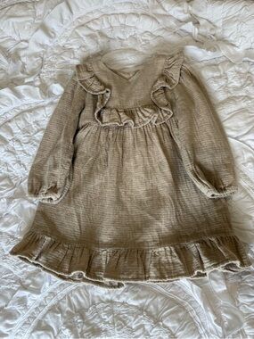 Zara Girls' Ruffle yoke Long-Sleeve Dress in Taupe